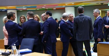 European Commission President Ursula von der Leyen, France&#039;s President Emmanuel Macron, European Parliament President Roberta Metsola, Latvian Prime Minister Evika Silina, German Chancellor Olaf Scholz, Greek Cyprus administration leader Nikos Christodoulides, Bulgarian Prime Minister Nikolai Denkov, Hungary&#039;s Prime Minister Viktor Orban and Greece&#039;s Prime Minister Kyriakos Mitsotakis attend a European Union leaders summit, Brussels, Belgium Dec. 14, 2023. (Reuters Photo)