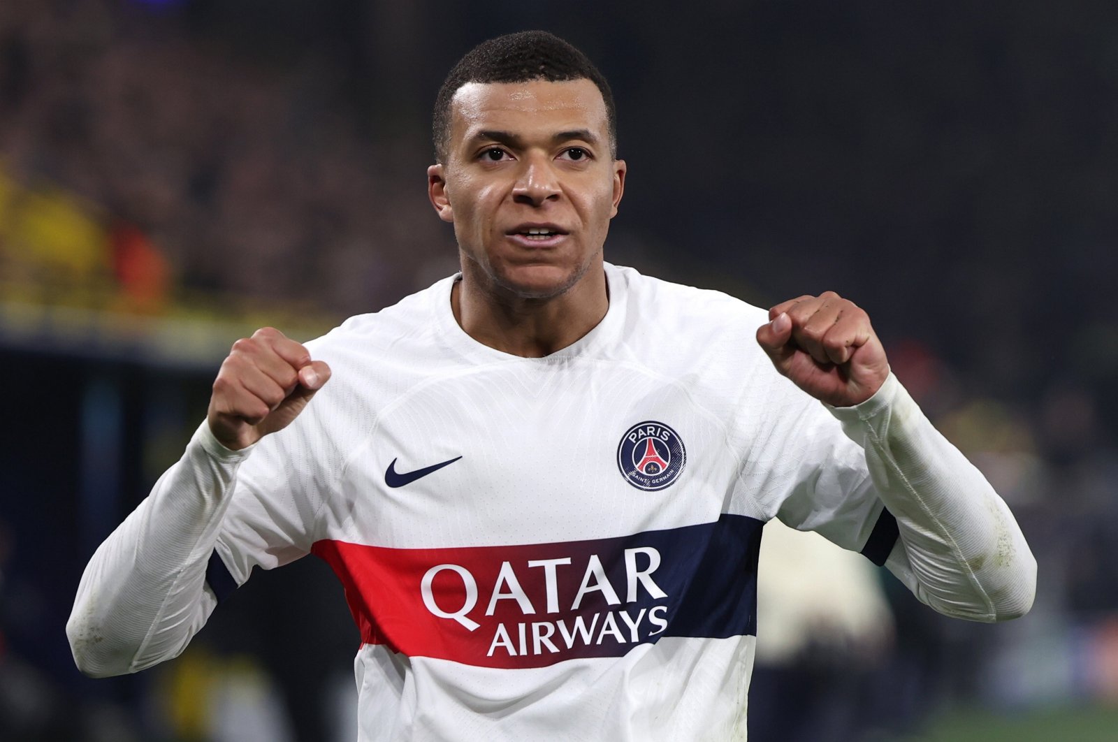 PSG’s Kylian Mbappe celebrates a goal that was later disallowed during a UEFA Champions League match against Dortmund, Dortmund, Germany, Dec. 13, 2023. (EPA Photo)