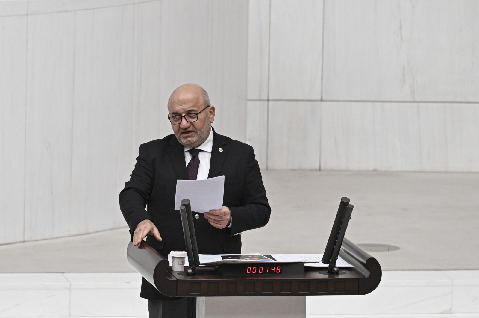 Hasan Bitmez speaks at the parliament, in the capital Ankara, Türkiye, Nov. 22, 2023. (AA Photo)