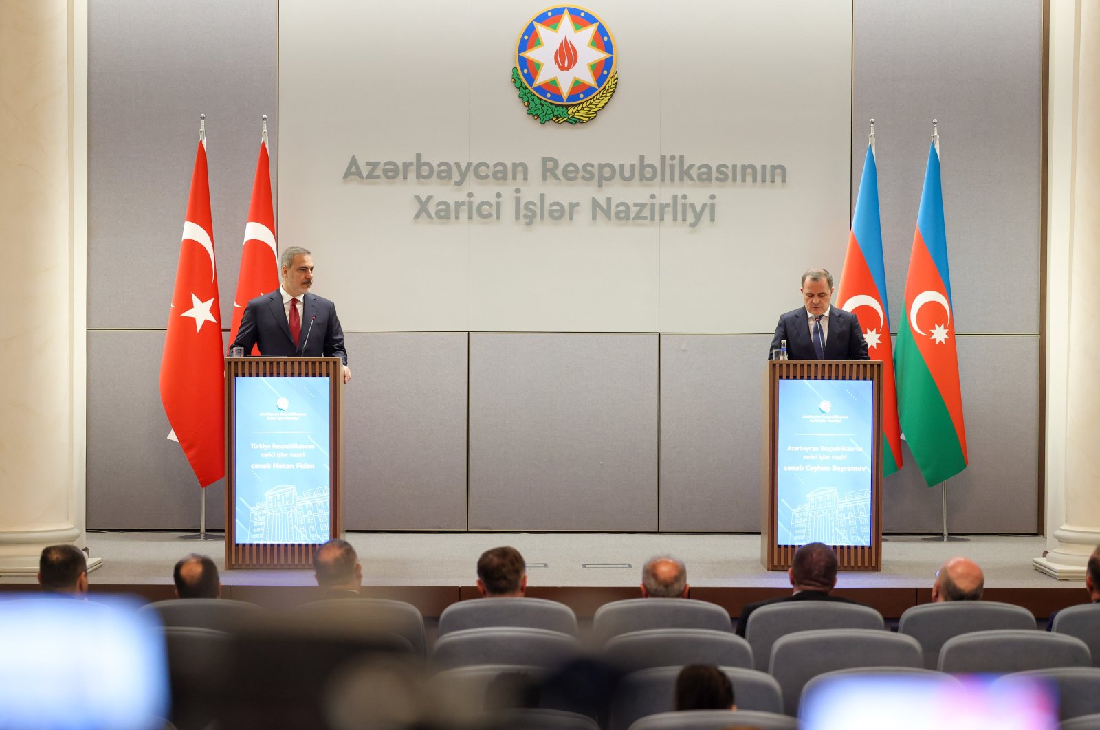 Foreign Minister Hakan Fidan (L) attends a news conference with Azerbaijani Foreign Minister Jeyhun Bayramov, in Baku, Azerbaijan, Dec. 14, 2023. (AA Photo)