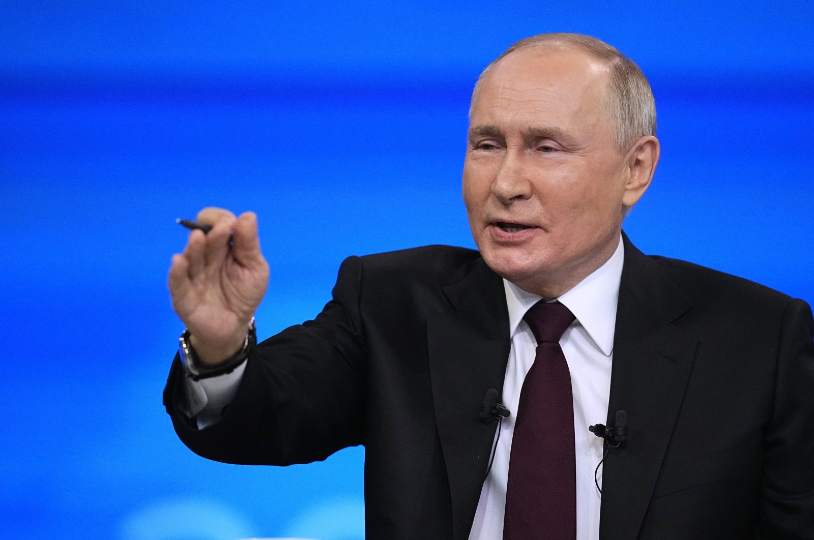 Russian President Vladimir Putin gestures during a press conference in Moscow, Russia, Dec. 14, 2023. (EPA Photo)