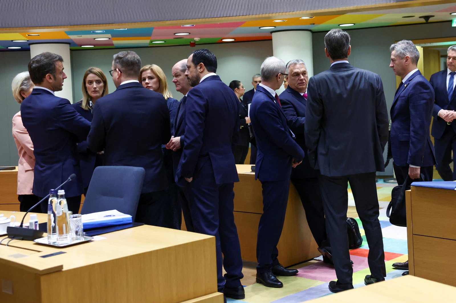 European Commission President Ursula von der Leyen, France&#039;s President Emmanuel Macron, European Parliament President Roberta Metsola, Latvian Prime Minister Evika Silina, German Chancellor Olaf Scholz, Greek Cyprus administration leader Nikos Christodoulides, Bulgarian Prime Minister Nikolai Denkov, Hungary&#039;s Prime Minister Viktor Orban and Greece&#039;s Prime Minister Kyriakos Mitsotakis attend a European Union leaders summit, Brussels, Belgium Dec. 14, 2023. (Reuters Photo)