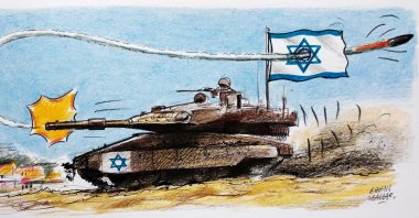 "Field data from that day vividly illustrates the devastation caused by gunfire from Israeli occupation army Apache helicopters, resulting in the festival area and surrounding cars being reduced to ashes." (Illustration by Erhan Yalvaç)