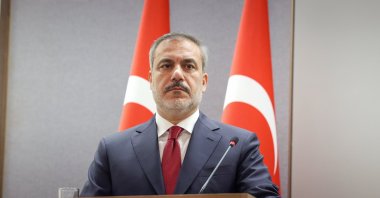 Foreign Minister Hakan Fidan is seen during a press conference with his Azerbaijani counterpart in Baku, Azerbaijan, Dec.14, 2023 (AA Photo)
