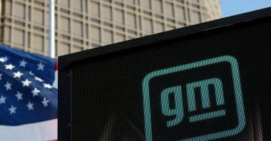 The new GM logo is seen on the facade of the General Motors headquarters in Detroit, Michigan, U.S., March 16, 2021. (Reuters Photo)