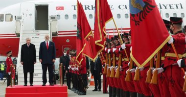 President Recep Tayyip Erdogan (L) is welcomed by Albanian Prime Minister Edi Rama and a military procession in the capital Tirana, Albania, Jan. 18, 2022. (AA Photo)
