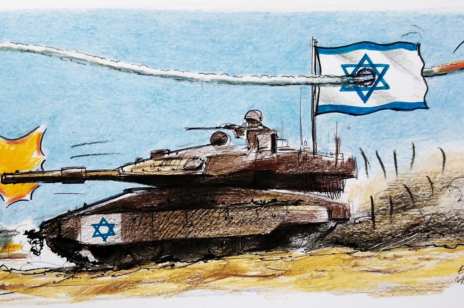 &quot;Field data from that day vividly illustrates the devastation caused by gunfire from Israeli occupation army Apache helicopters, resulting in the festival area and surrounding cars being reduced to ashes.&quot; (Illustration by Erhan Yalvaç)