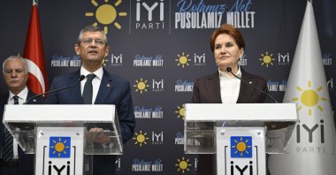 Republican People's Party (CHP) Chairperson Özgür Özel (L) met with Good Party (IP) Chairperson Meral Akşener at the IP headquarters in Ankara, Türkiye, Nov. 30, 2023. (AA Photo)