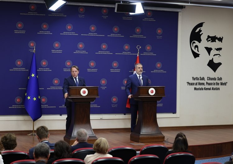 Foreign Minister Hakan Fidan (R) holds a news conference with the European Commissioner for Neighborhood and Enlargement Oliver Varhelyi in the capital Ankara, Türkiye, Sept. 6, 2023. (AA Photo)
