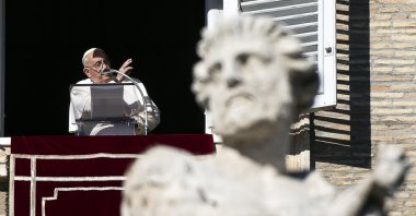 Pope Francis addresses the crowd from the window of the apostolic palace overlooking St. Peter's Square, Vatican City, Dec. 17, 2023. (EPA Photo)