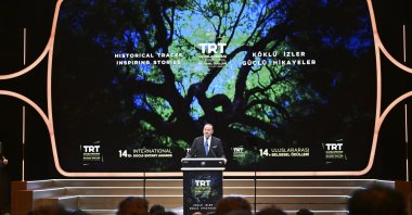 Mehmet Zahid Sobacı, the general director of TRT, attended and spoke at the 14th International Documentary Awards ceremony, Istanbul, Türkiye, Dec. 17, 2023. (AA Photo)