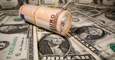 Rolled euro banknotes are placed on U.S. dollar banknotes in this illustration taken May 26, 2020. (Reuters Photo)