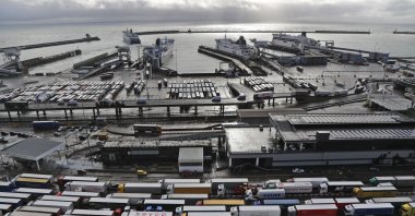 Lorries queue at check-in at the port in Dover, Britain, Dec. 11, 2020. (AP Photo)