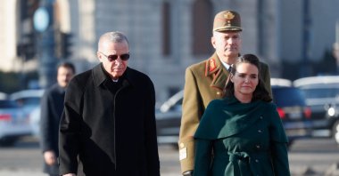 Hungarian President Katalin Novak (R) and President Recep Tayyip Erdoğan attend a welcoming ceremony at Heroes' Square in Budapest, Hungary, Dec. 18, 2023. (Reuters Photo)