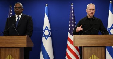 U.S. Secretary of Defense Lloyd Austin and Israeli Defense Minister Yoav Gallant hold a joint news conference at Israel's Ministry of Defense in Tel Aviv, Israel Dec. 18, 2023. (Reuters Photo)