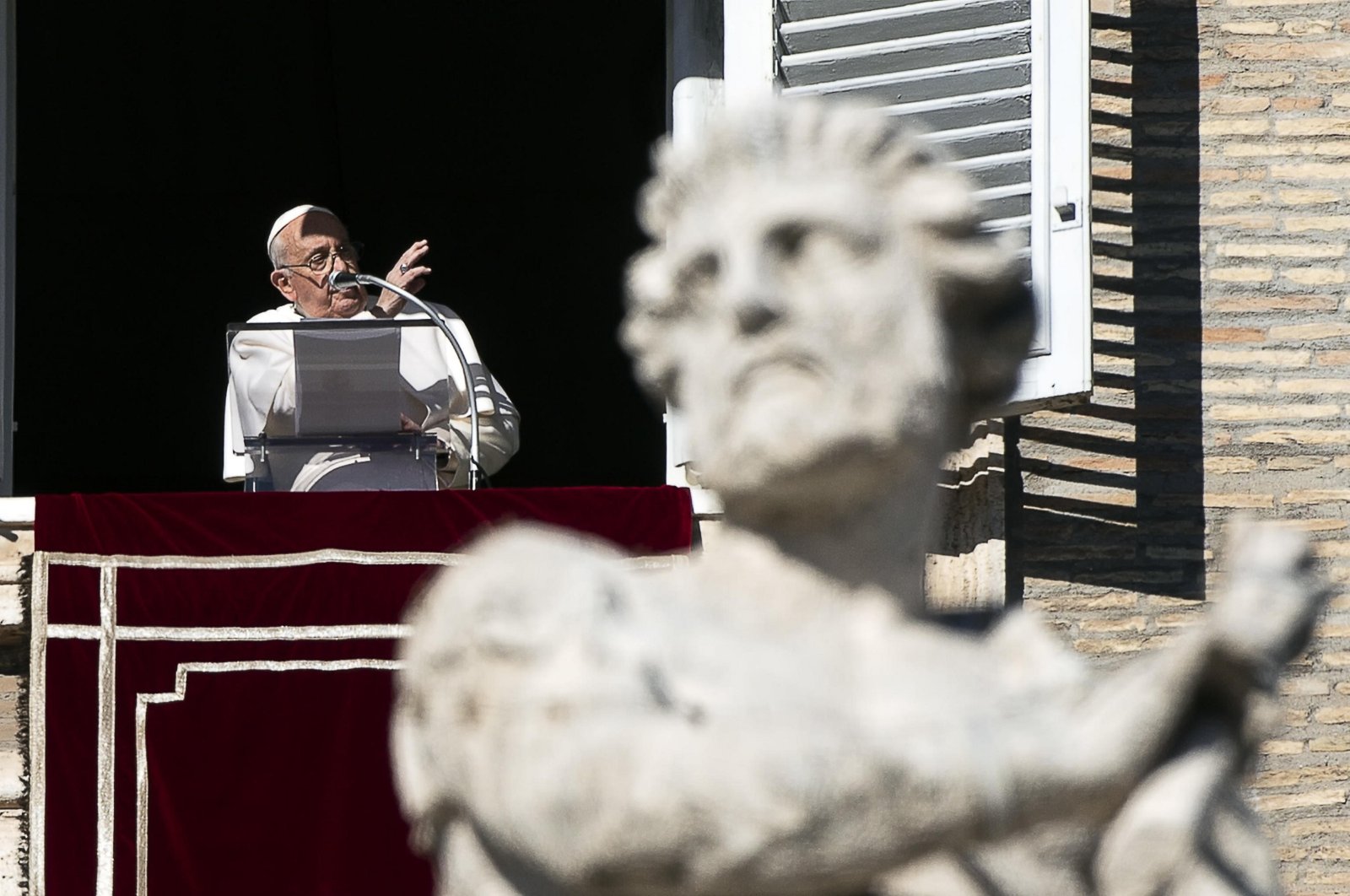 Pope Francis addresses the crowd from the window of the apostolic palace overlooking St. Peter&#039;s Square, Vatican City, Dec. 17, 2023. (EPA Photo)