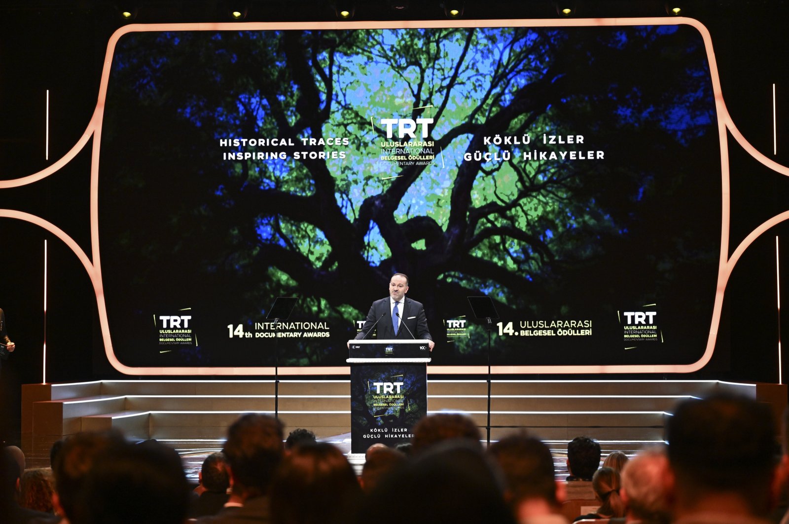 Mehmet Zahid Sobacı, the general director of TRT, attended and spoke at the 14th International Documentary Awards ceremony, Istanbul, Türkiye, Dec. 17, 2023. (AA Photo)