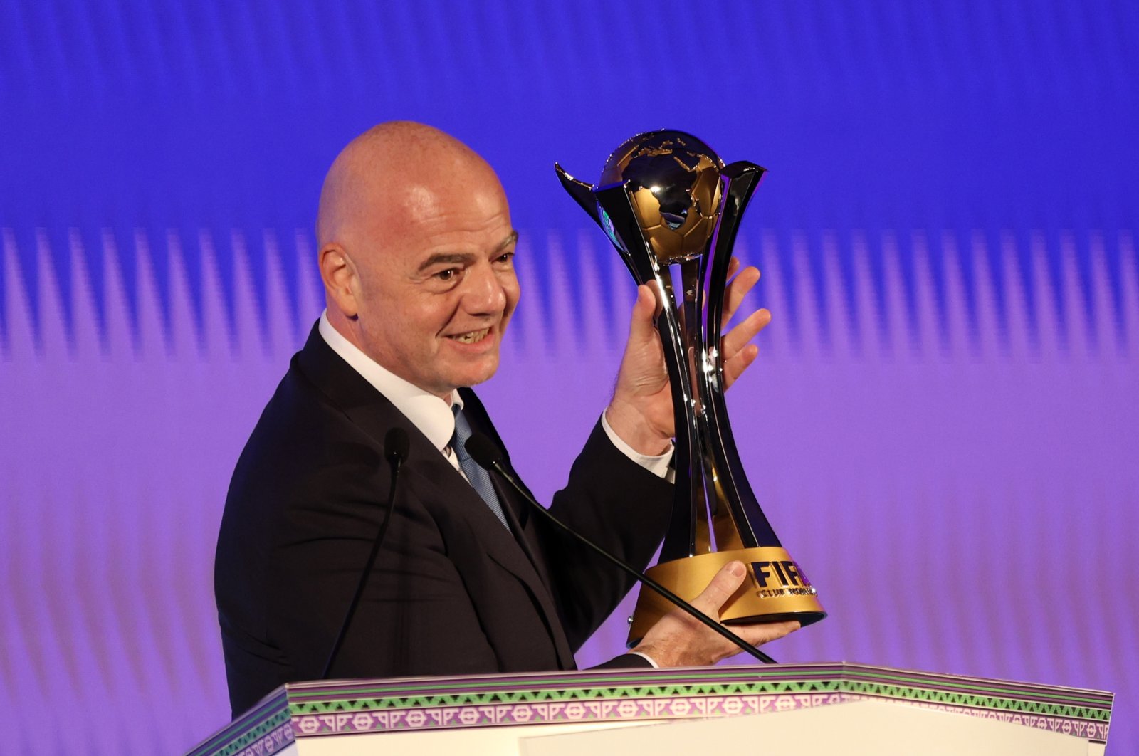 FIFA President Gianni Infantino raises the FIFA Club World Cup trophy during the FIFA Club World Cup Draw at Park Hyatt Jeddah, Jeddah, Saudi Arabia, Sept. 5, 2023. (Getty Images Photo)