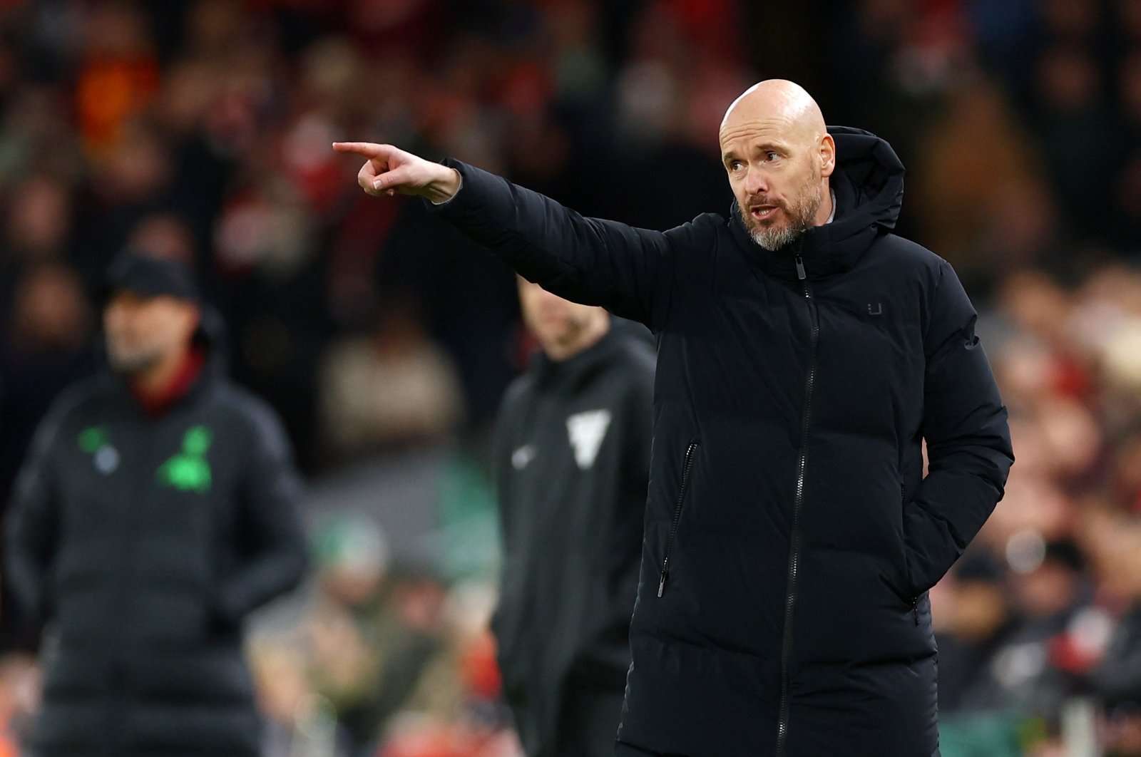 Manchester United manager Erik ten Hag reacts during the English Premier League match against Liverpool at Anfield, Liverpool, U.K., Dec. 17, 2023. (Reuters Photo)