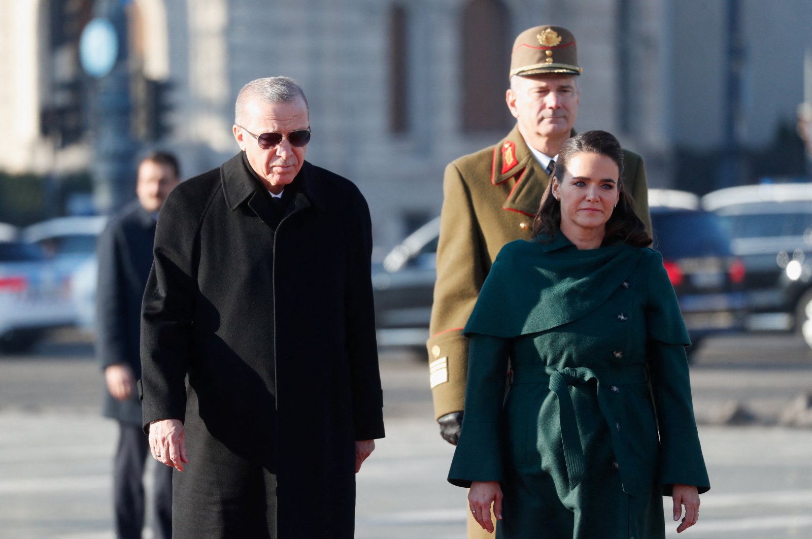 Hungarian President Katalin Novak (R) and President Recep Tayyip Erdoğan attend a welcoming ceremony at Heroes&#039; Square in Budapest, Hungary, Dec. 18, 2023. (Reuters Photo)