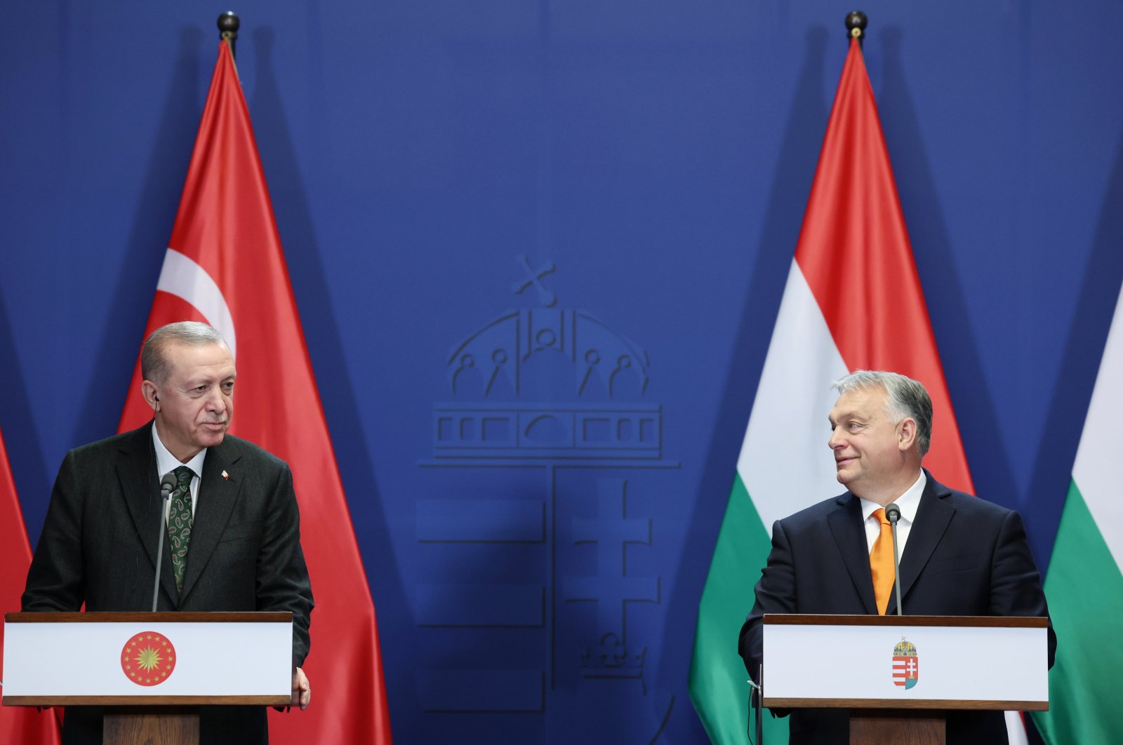President Recep Tayyip Erdoğan, and Hungarian PM Victor Orban attend joint news conference in Budapest, Hungary, Dec. 18, 2023. (AA Photo)