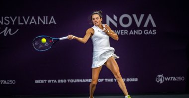 Türkiye&#039;s İpek Öz in action during her second round match against Miriam Bulgaru of Romania during the Transylvania Open WTA250 2023 at the BTarena, Cluj-Napoca, Romania, Oct. 16, 2023. (Getty Images Photo)