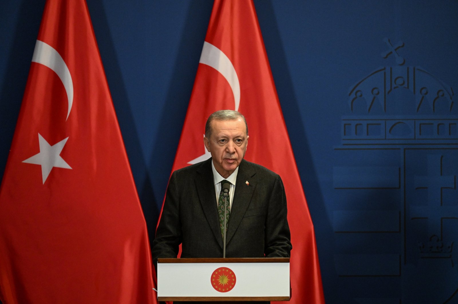 President Recep Tayyip Erdoğan speaks at a news conference in Budapest, Hungary, Dec. 18, 2023. (AA Photo)