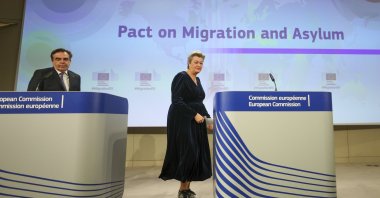 European Commission head of "protecting the European way of life" Margaritis Schinas (L) and European Commissioner for Home Affairs Ylva Johansson give a press conference on the political agreement reached for refugees, Brussels, Belgium, Dec. 20, 2023. (EPA Photo)