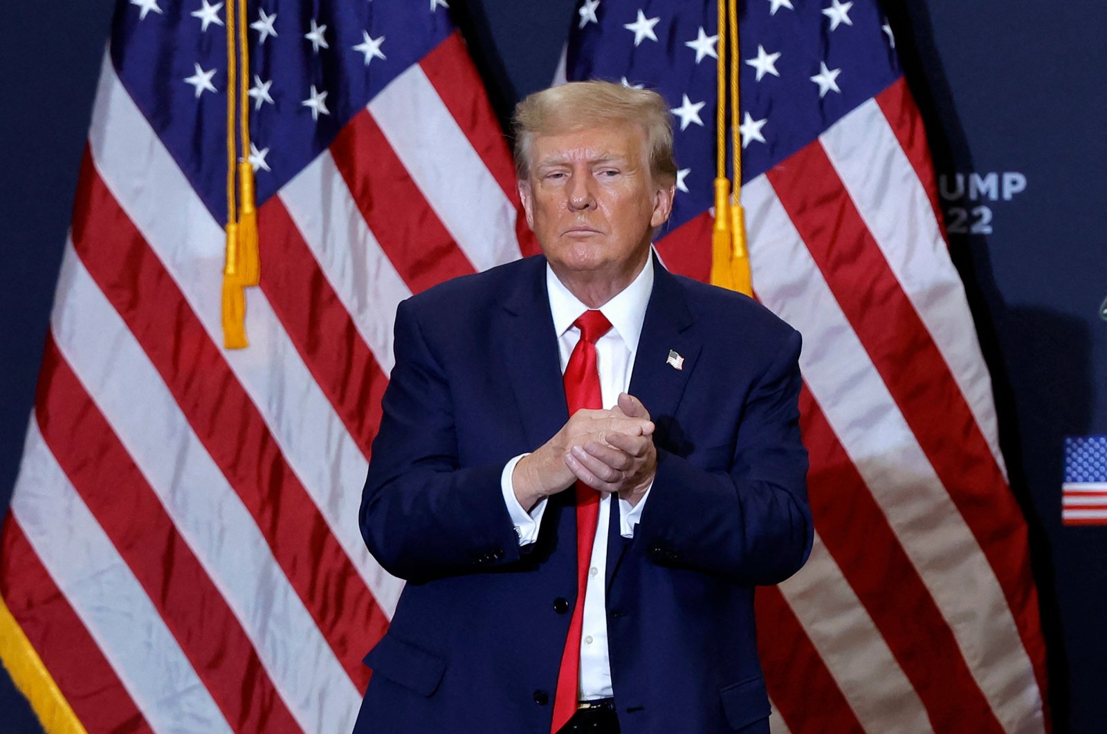 Former U.S. President and 2024 presidential hopeful Donald Trump gestures at an event in Waterloo, Iowa, U.S., Dec. 19, 2023. (AFP Photo)