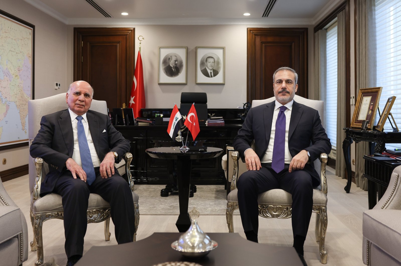 Foreign Minister Hakan Fidan (R) meets with Iraqi Foreign Minister Fuad Hussein, in the capital Ankara, Türkiye, Dec. 19, 2023. (AA Photo)