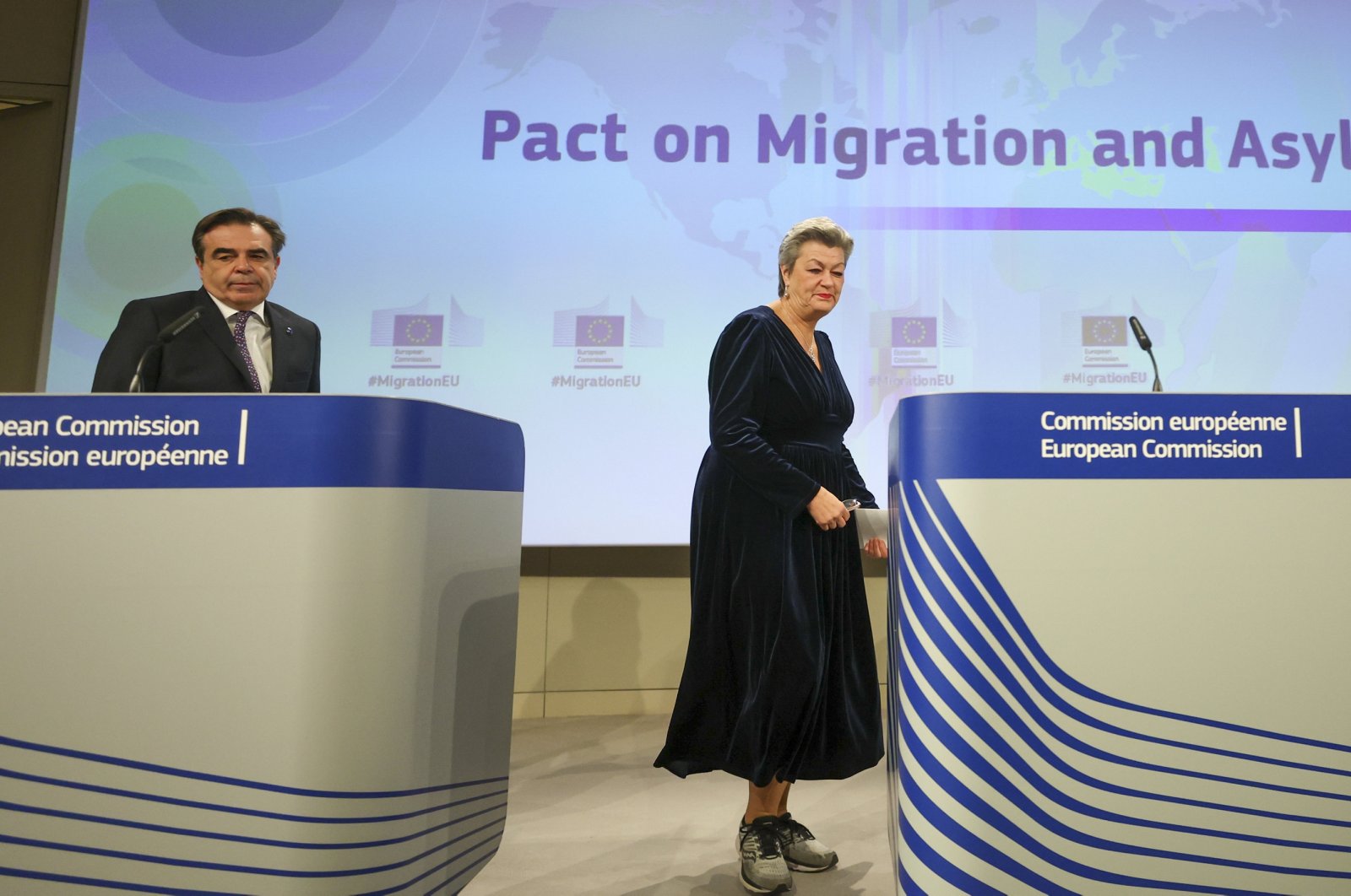 European Commission head of &quot;protecting the European way of life&quot; Margaritis Schinas (L) and European Commissioner for Home Affairs Ylva Johansson give a press conference on the political agreement reached for refugees, Brussels, Belgium, Dec. 20, 2023. (EPA Photo)