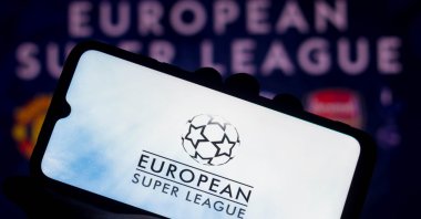 In this photo illustration, the European Super League logo is seen displayed on a smartphone screen, Sao Paolo, Brazil, April 20, 2021. (Getty Images Photo)