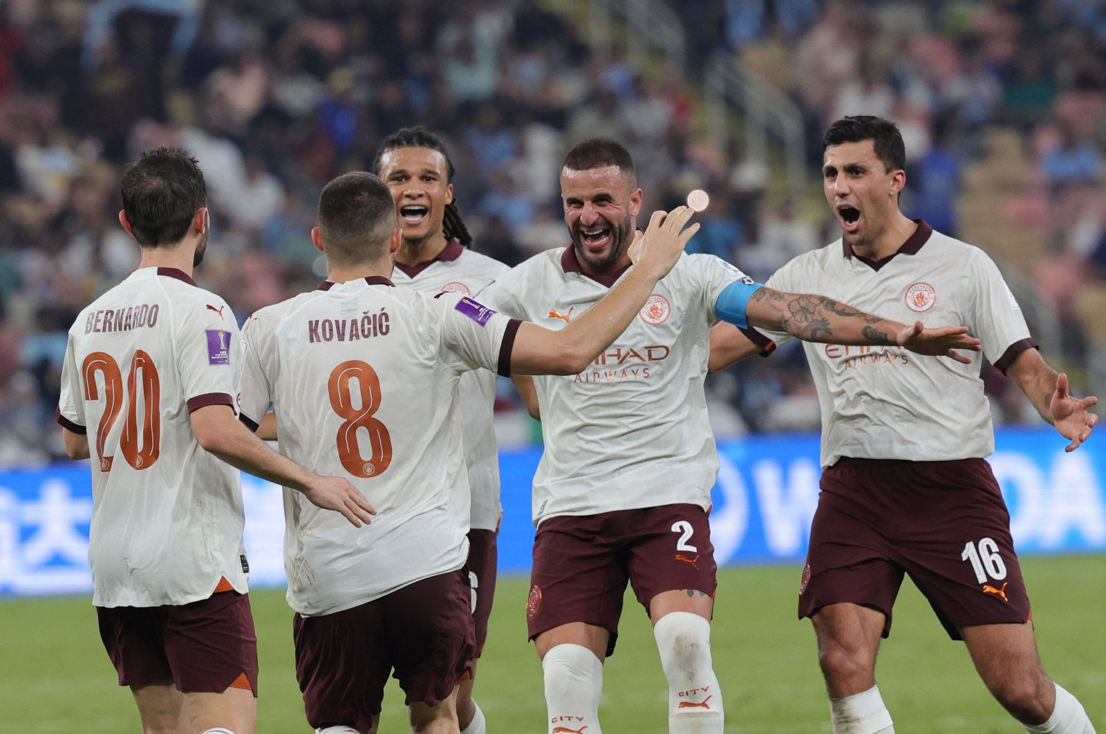 Manchester City&#039;s Mateo Kovacic (2nd L) celebrates with teammates after scoring his team&#039;s second goal during the FIFA Club World Cup football semifinal match between England&#039;s Manchester City and Japan&#039;s Urawa Red Diamonds at King Abdullah Sports City, Jeddah, Saudi Arabia, Dec. 19, 2023. (AFP Photo)