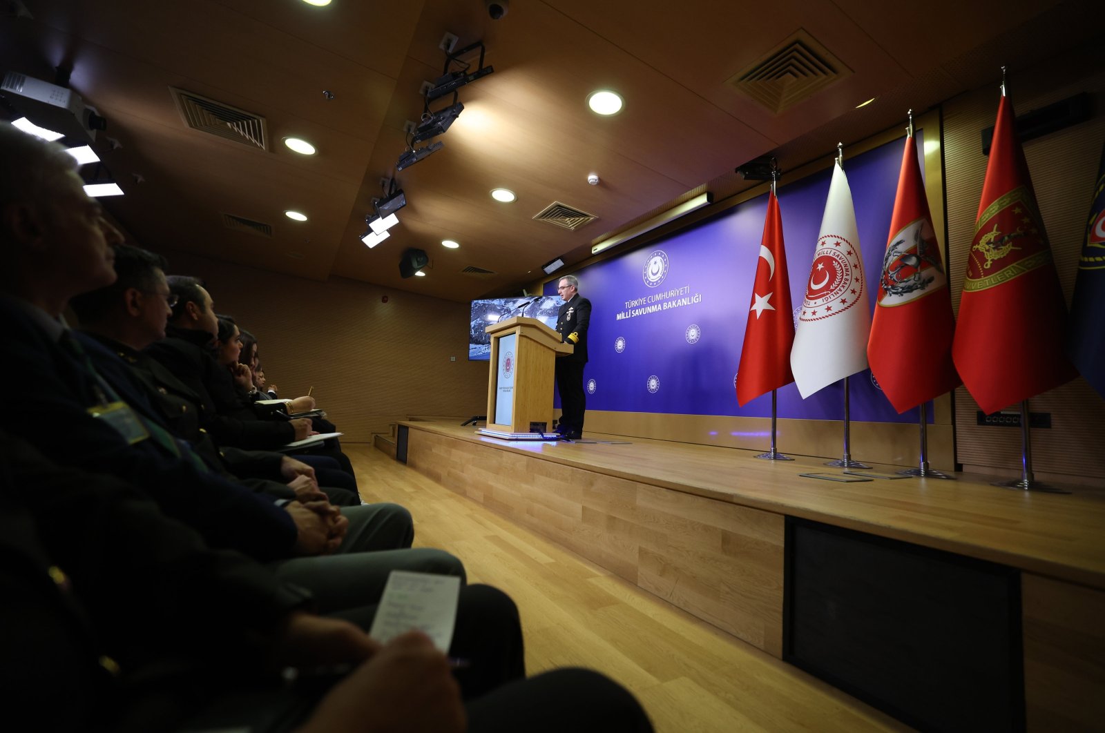 The Defense Ministry’s press representative, Rear Adm. Zeki Aktürk, speaks at the news briefing, in the capital Ankara, Türkiye, Dec. 21, 2023. (AA Photo)