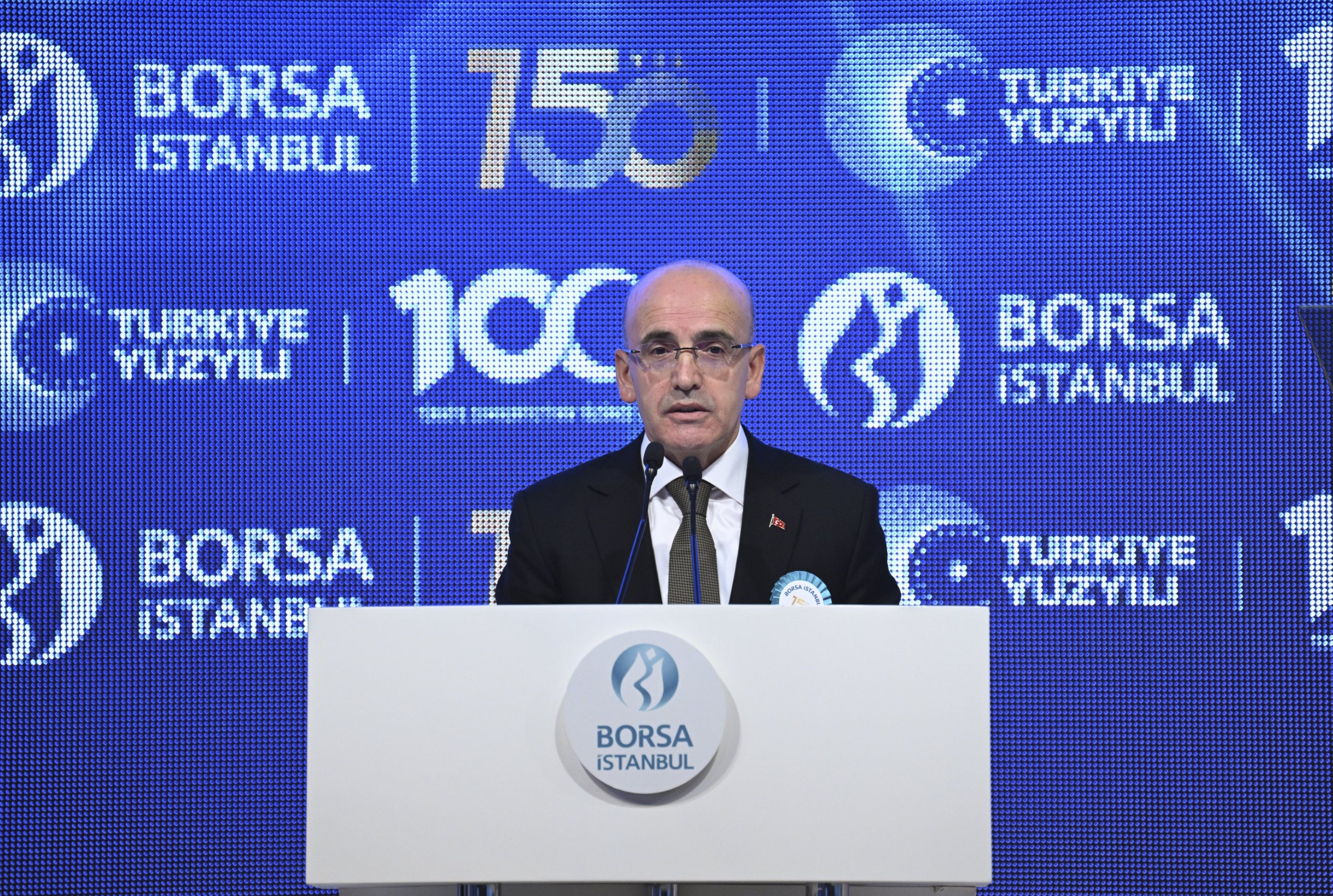 Treasury and Finance Minister Mehmet Şimşek delivers a speech during an event to mark the 150th anniversary of the Borsa Istanbul Stock Exchange (BIST), in Istanbul, Türkiye, Dec. 22, 2023. (AA Photo)