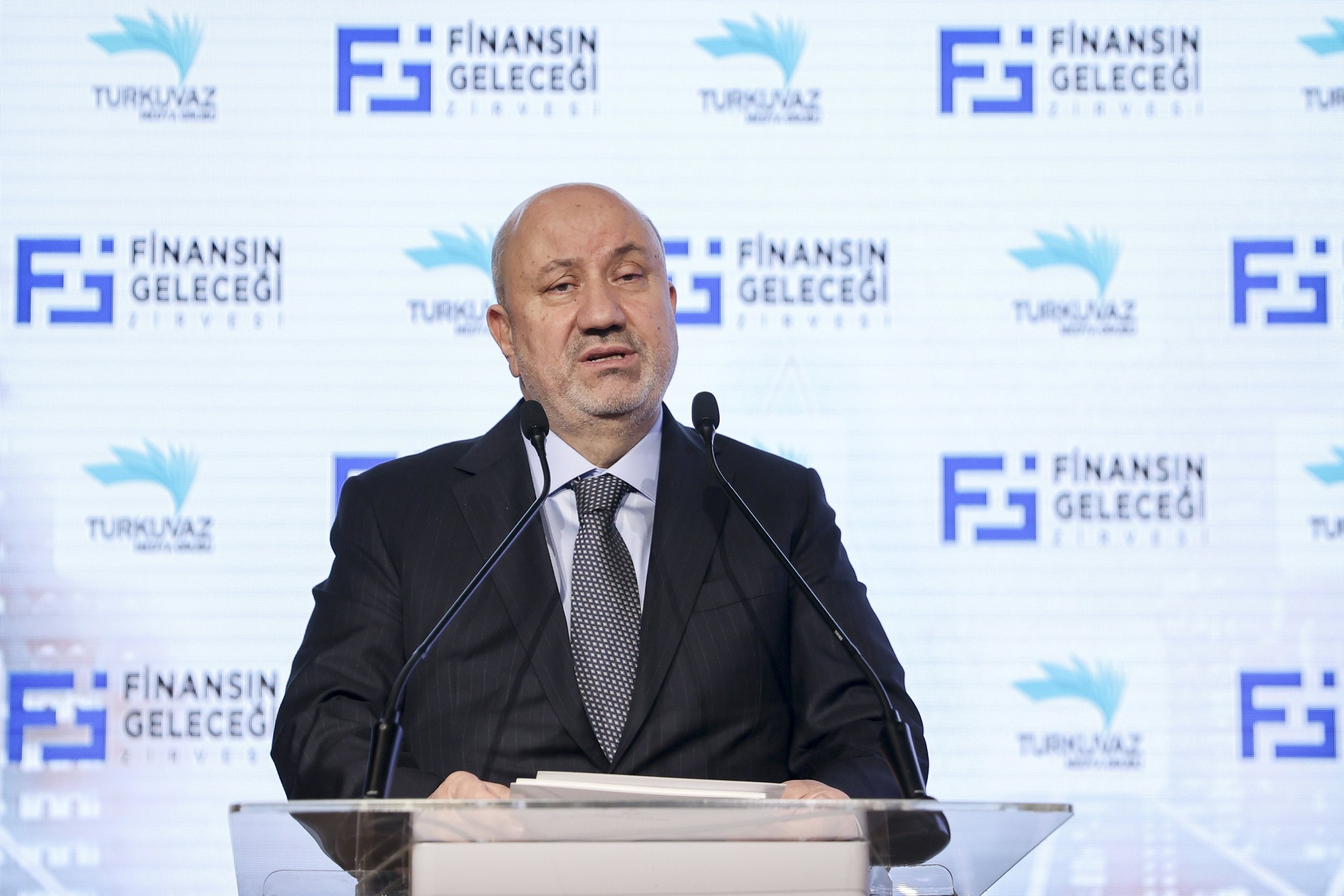 Vakıf Katılım General Manager Mehmet Ali Akben speaks during the “Future of Finance Summit” at the Turkuvaz Media Center, in Istanbul, Türkiye, Dec. 22, 2023. (AA Photo)