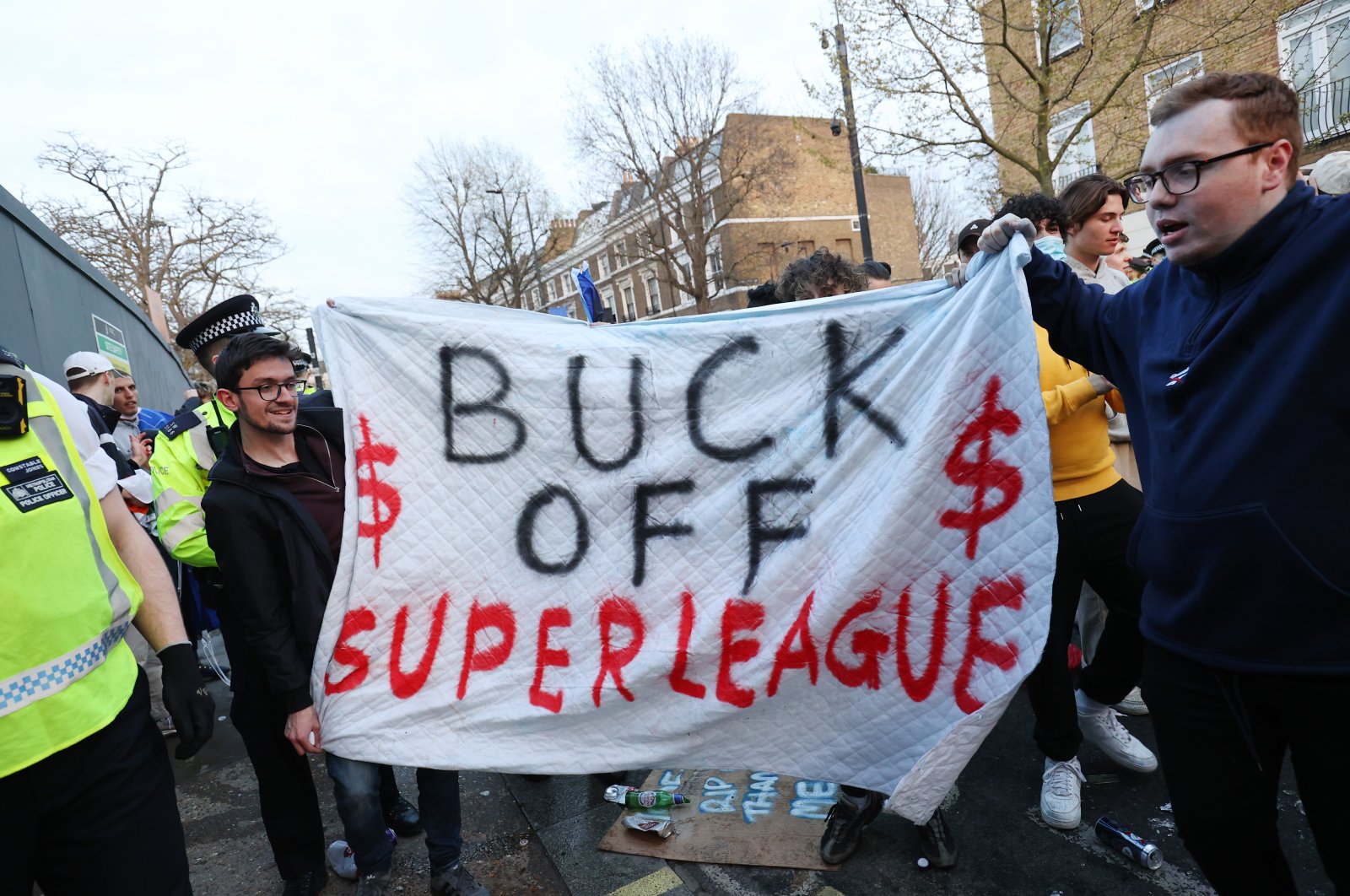 Football fans gather to protest the introduction of the European Super League, London, U.K., April 20, 2021. (Getty Images Photo)