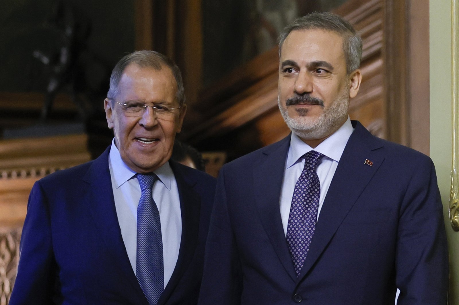 Russian Foreign Minister Sergey Lavrov (L) and Turkish Foreign Minister Hakan Fidan arrive to hold a press conference in Moscow, Russia, Aug. 31, 2023. (AP Photo)