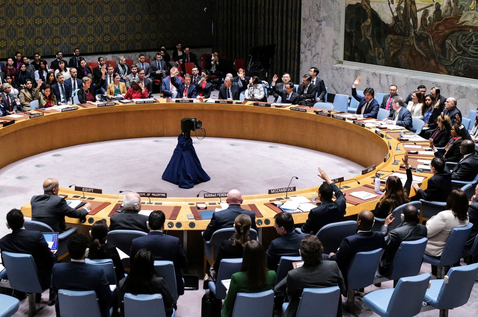 The U.S. and Russia abstain during the vote about the situation in the Middle East, including the Palestinian question, at U.N. headquarters in New York on Dec. 22, 2023. (AFP Photo)