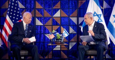 U.S. President Joe Biden (L) and Israeli Prime Minister Benjamin Netanyahu speak during a meeting in Tel Aviv, Israel, Oct. 18, 2023. (Reuters Photo)