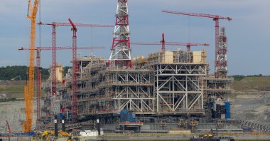 A concrete gravity-based structure (GBS) of the Arctic LNG 2 joint venture is seen under construction in a dry dock of the LNG Construction center near the settlement of Belokamenka, Murmansk region, Russia, July 26, 2022. (Reuters Photo)