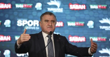 Youth and Sports Minister Osman Aşkın Bak speaks during the opening of the Turkuvaz Media Group&#039;s Sports Summit, Istanbul, Türkiye, Dec. 25, 2023. (AA Photo)