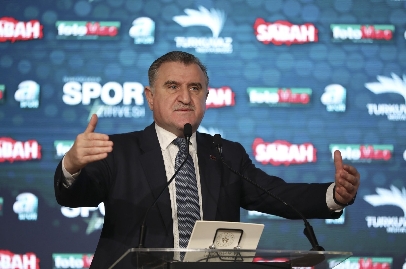 Youth and Sports Minister Osman Aşkın Bak speaks during the opening of the Turkuvaz Media Group&#039;s Sports Summit, Istanbul, Türkiye, Dec. 25, 2023. (AA Photo)