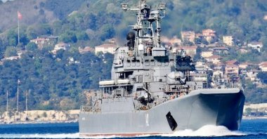 The Russian navy's large landing ship Novocherkassk transits the Bosporus, on its way to the Mediterranean Sea, Istanbul, Türkiye, May 5, 2021. (Reuters Photo)