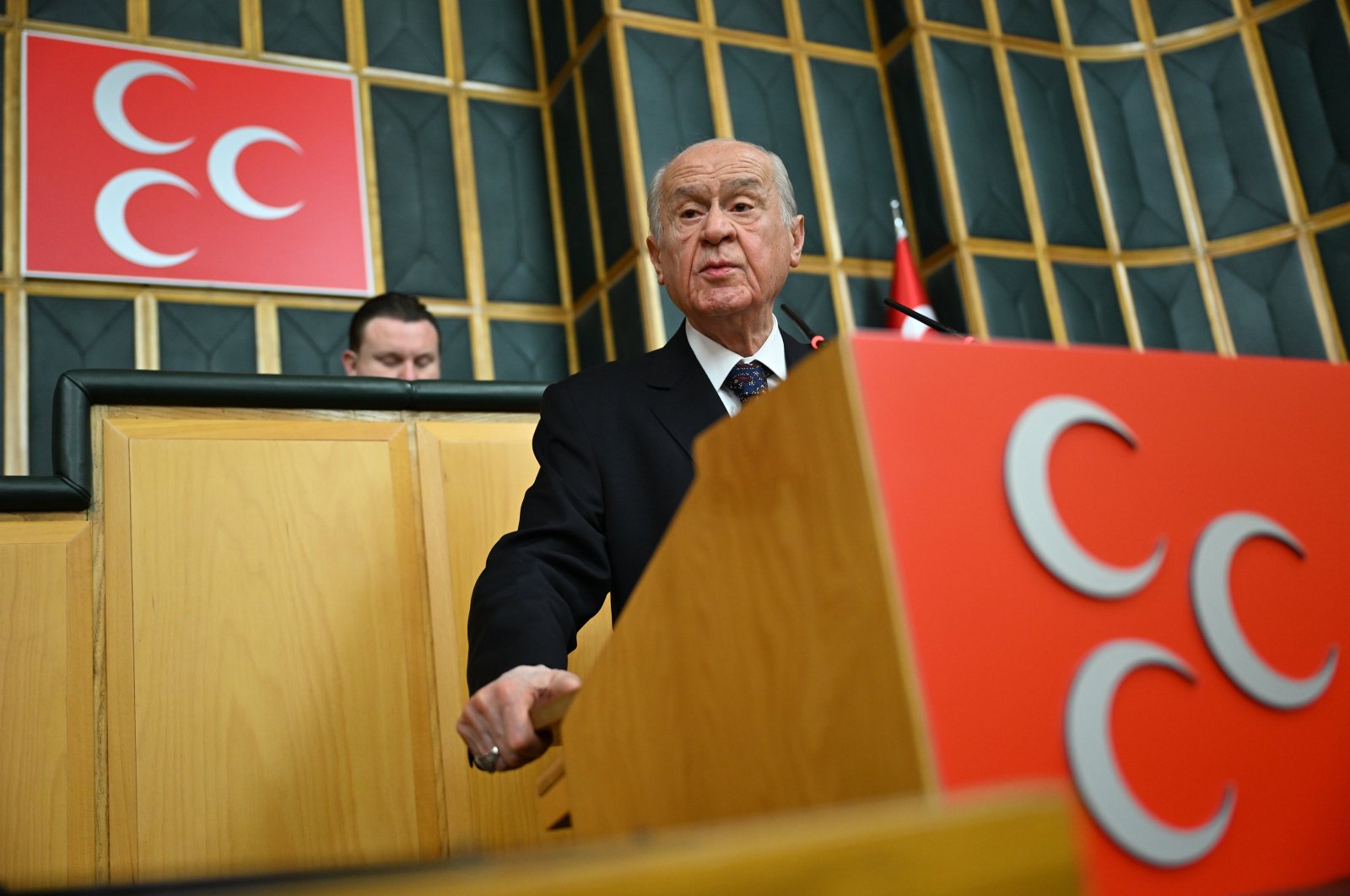 Nationalist Movement Party (MHP) Chair Devlet Bahçeli speaks at his party&#039;s group meeting at Parliament in Ankara, Türkiye, Dec. 26, 2023. (AA Photo)
