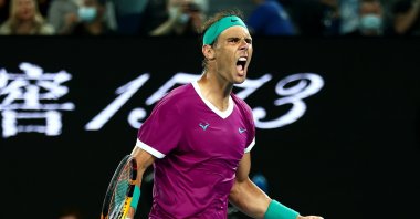 Spain&#039;s Rafael Nadal celebrates winning set point in his Men&#039;s Singles Final match against Daniil Medvedev of Russia during Day 14 of the 2022 Australian Open at Melbourne Park, Melbourne, Australia, Jan. 30, 2022. (Getty Images Photo)