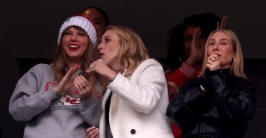 (L-R) Taylor Swift, Brittany Mahomes and Ashley Avignone cheer after a Kansas City Chiefs touchdown during the second quarter against the New England Patriots, Gillette Stadium, Foxborough, Massachusetts, U.S., Dec. 17, 2023. (Getty Images Photo)
