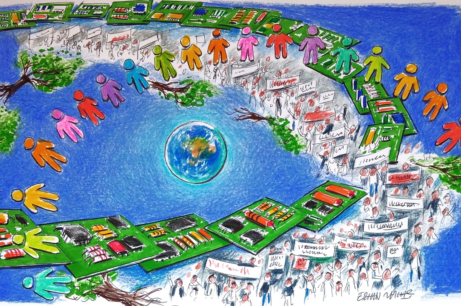 The forces currently challenging the global order not only pose destabilizing effects but also offer significant opportunities to reconstruct a stable economic-political system. (Illustration by Erhan Yalvaç)