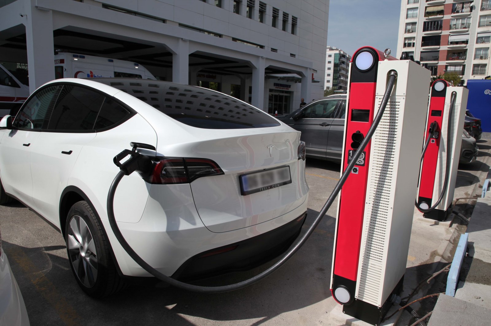 A Tesla car model is seen charging in an undisclosed location, Türkiye, Nov. 29, 2023. (IHA Photo)