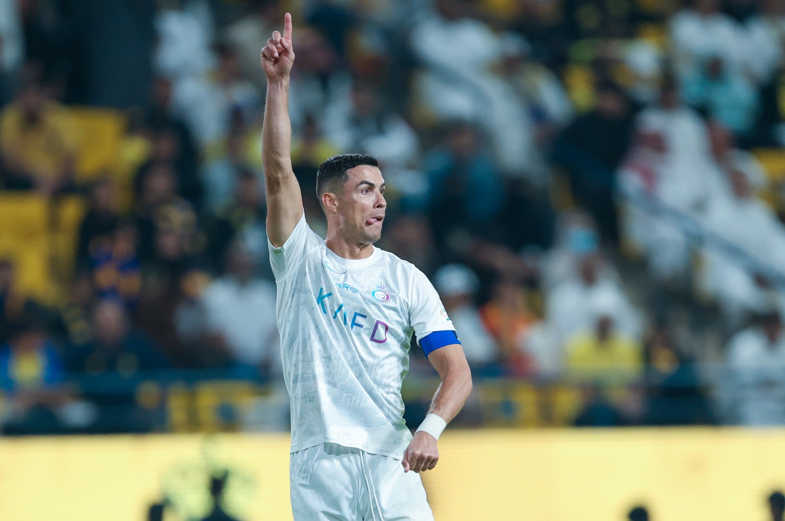 Al Nassr&#039;s Cristiano Ronaldo reacts after missing a score during the Saudi Pro League match between Al-Nassr and Al-Riyadh at King Saud University Stadium, Riyadh, Saudi Arabia, Dec. 8, 2023. (Getty Images Photo)